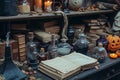 A table is covered with numerous books and candles, creating an inviting and cozy ambiance, Halloween potions and spell books on a